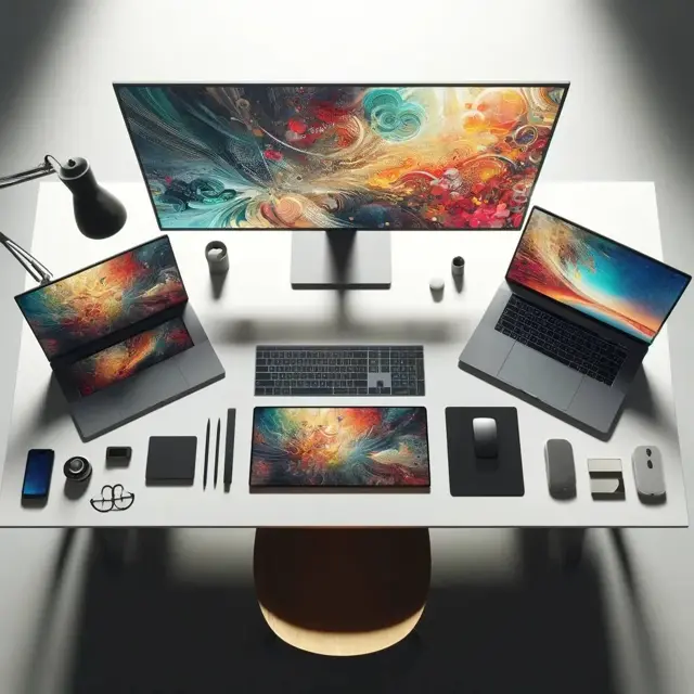 aerial view of a desk with several screen devices