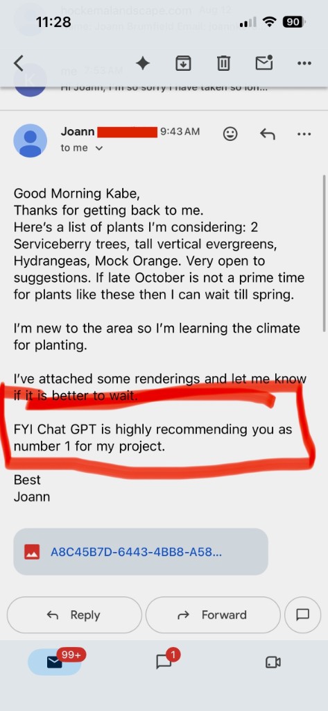 Client email: FYI Chat GPT is highly recommending you as number 1 for my project